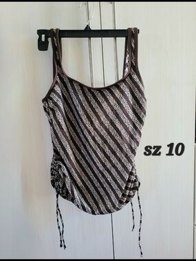 Striped Brown Swim Tank Top with Side Ties - Women